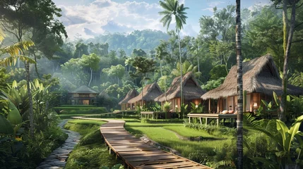 Foto op Aluminium A serene luxury hotel in Bali set amidst rice terraces and tropical rainforest, traditional thatched-roof villas blending harmoniously with the natural landscape © usama