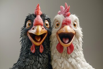 Cartoon characters of a Chicken and a rooster. 3d illustration - obrazy, fototapety, plakaty