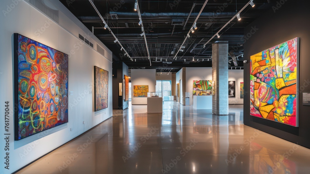 Poster modern gallery with abstract paintings on the wall created with generative ai