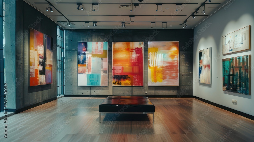 Poster modern gallery with abstract paintings on the wall created with generative ai