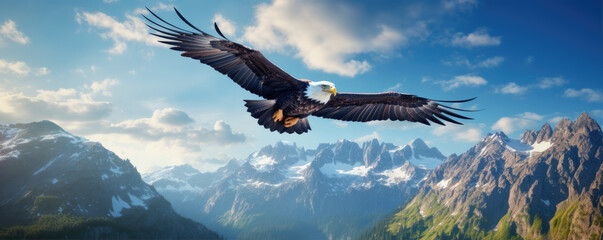 Majestic eagle bird soaring over mountains. - obrazy, fototapety, plakaty