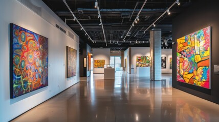 Modern gallery with abstract paintings on the wall created with Generative AI - obrazy, fototapety, plakaty