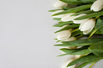Bouquet of white tulips on the right on a white background. Top view. Copy space. Wedding flowers. 
