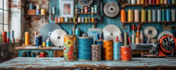 Sewing pattern. Dressmaker workroom. Pincushion. Textile industry