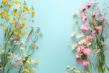Flowers for spring mood isolated on flat lay pastel color background