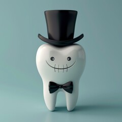 tooth character wearing a top hat and bowtie on light background 