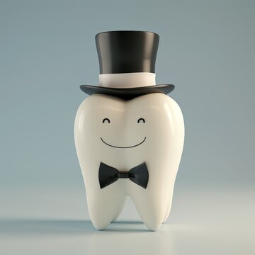 tooth character wearing a top hat and bowtie on light background