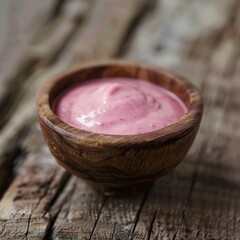 Obraz na płótnie Canvas A small wooden bowl holds a delicious pink sauce, creating a charming visual contrast. Smooth pink sauce in an attractive and appetizing appearance.
