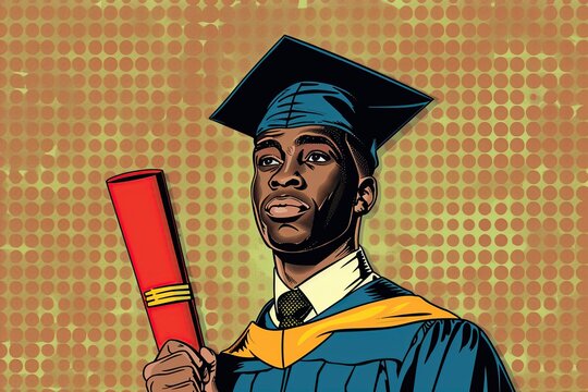 digital painting of a man proudly wearing a graduation cap and gown.Art Pop