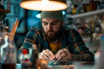 tattooartist working in tattoo studio
