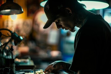 tattooartist working in tattoo studio
