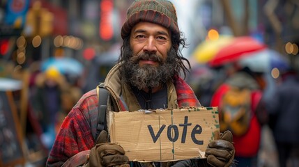 A stray African American stands in a large city of the United States with a bathhouse in whose hands he was written “Voting”. Elections of the US President 2024.
