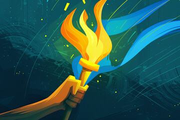 Illustration of a hand holding the Olympic torch, a vibrant symbol of the Olympic Games. Suitable for sports-related articles, Olympic-themed promotions, or event posters. - obrazy, fototapety, plakaty