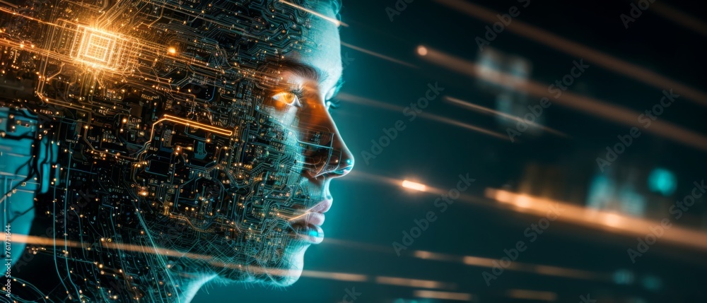 Poster intricate circuitry melds with digital human face against glowing data streams backdrop