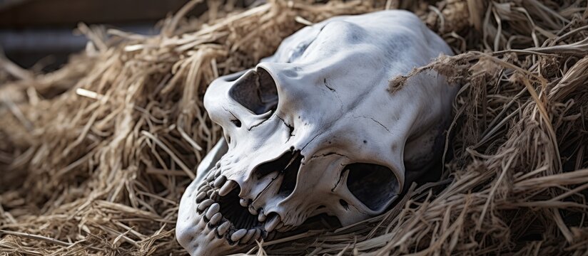 A skull, a bone from a terrestrial animal, rests on a bed of hay in a natural landscape surrounded by soil, grass, twigs, and wildlife