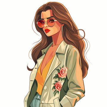 Beautiful young woman in a beige coat and sunglasses. Vector illustration.