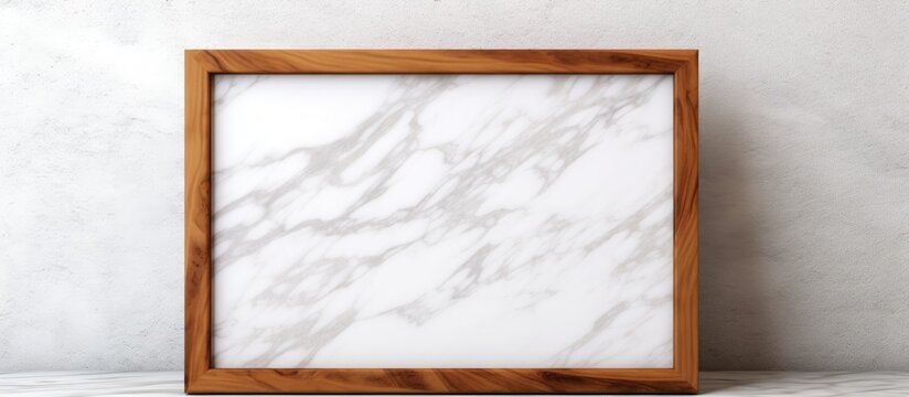 A brown hardwood picture frame, in a rectangular shape, is placed on a table with a marble background. The frame showcases visual arts and is made of natural materials