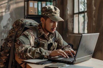 Military Man Using Laptop - obrazy, fototapety, plakaty