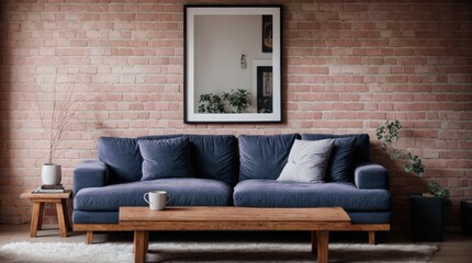 Inviting Interior Design Relaxing Blue Sofa Exposed Brick Wall Artwork 