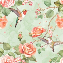 Seamless watercolor pattern with rose flowers and hummingbirds
