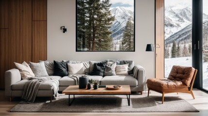Inviting modern lounge area with snow-covered mountain view via sizable window panes  - obrazy, fototapety, plakaty