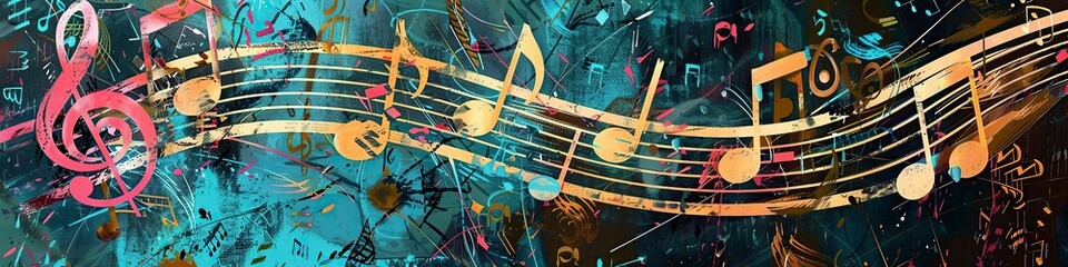 Painting of Musical Notes on Blue Background