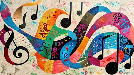 Painting of Musical Notes on Blue Background