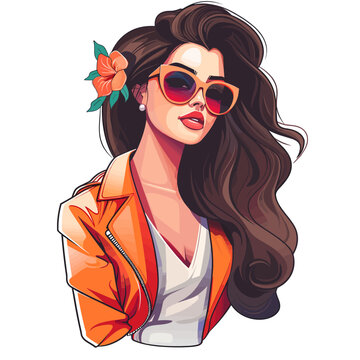 Beautiful brunette girl in sunglasses and orange jacket. Vector illustration.
