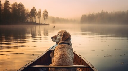 golden retriever in the lake, seat on the boat.  - Powered by Adobe