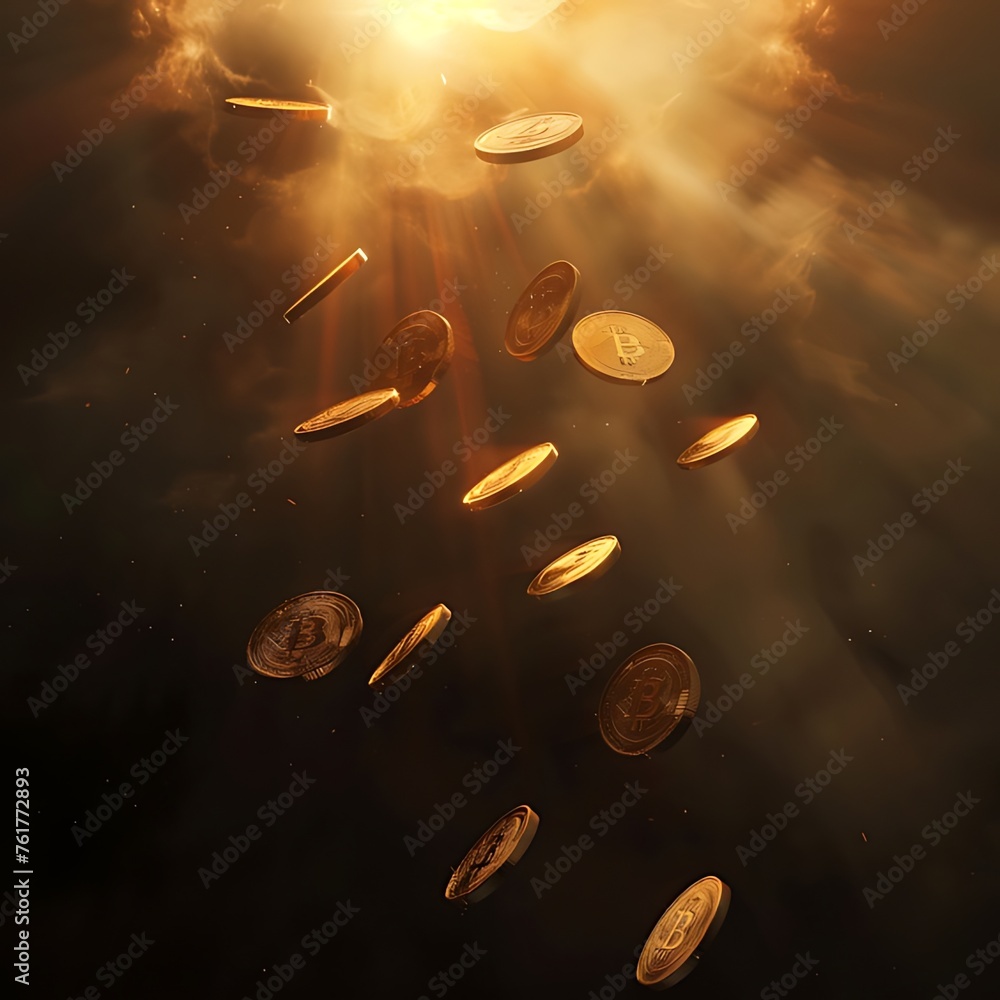Poster gold bitcoin flying and failing from sky on a dark background. generative ai