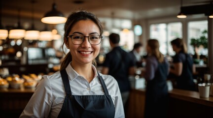 Joyful waitress donning glasses working in lively cafe atmosphere 