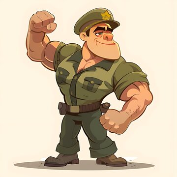 Hunky Soldier Flexing Cartoon: Funny vector illustration. Military humor, strong man character. comic army illustration, cartoon soldier flex. amusing character design, humorous illustration concept.