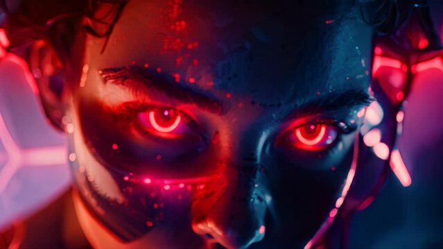 Woman with cybernetic face paint and red glowing eyes. Sci-fi and cyberpunk makeup concept.