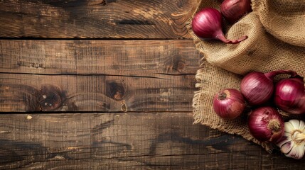 Fototapeta na wymiar A Sack of Onions on a Wooden Table