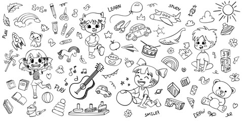 Kindergarten doodle set. Cute daycare hand drawn vector illustrations with toy, animal, montessori activities, hopscotch. Childish cute preschool and school activity, education doodle background.