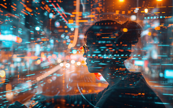 Futuristic portrait of a young woman programmer or digital nomad behind glass with holography double exposure