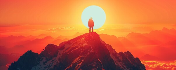 Silhouette of a man on top of a mountain peak - obrazy, fototapety, plakaty