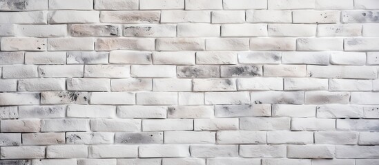 A detailed closeup shot showcasing the grey brickwork pattern on a white brick wall. The rectangular bricks form a beautiful composite material for building and flooring