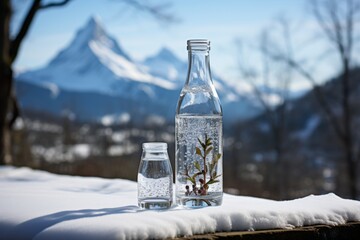 Crystal water bottle and glass against snow mountain landscape, organic refreshing drink