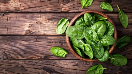 Fresh Spinach Leaves on Wooden Table