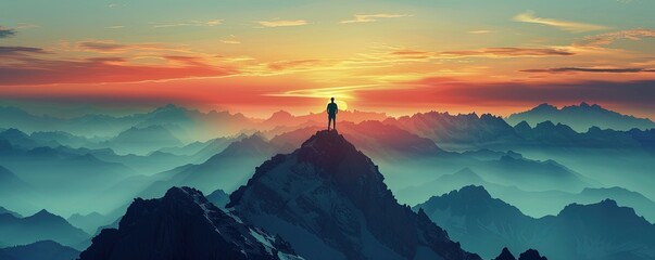 Silhouette of a man on top of a mountain peak - obrazy, fototapety, plakaty