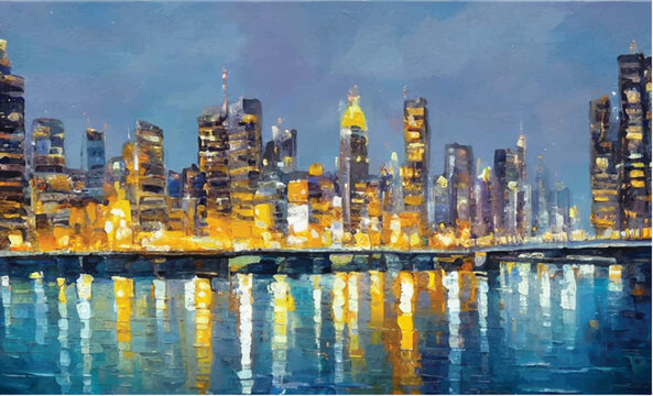 Beautiful city skyline view oil painting. Oil paintings city landscape. Skyline city view. city landscape painting, background of paint. City landscape with beautiful buildings, roads, and lights.