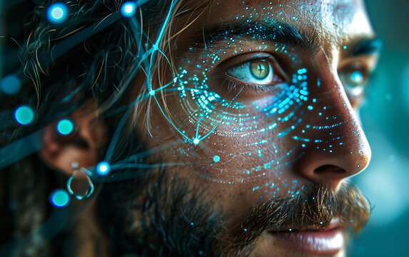 Close up face of a male hacker with linear halograms on his face, information cyber security concept