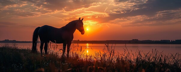 Silhouette of horse on lake shore