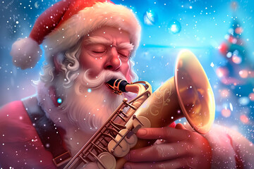 Santa Claus plays the saxophone in an idyllic winter scene that captures the joy, humour and warmth of Christmas