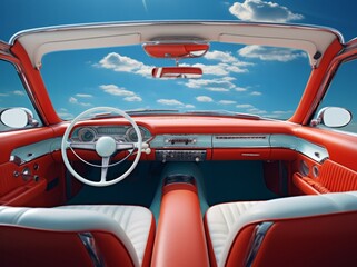 View of a bright blue sky seen through the windshield of a 1950s automobile with red and white vinyl upholstery. From the series “Cosmic Living."