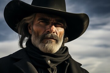 Stern Mature man cowboy portrait. Handsome masculine. Generate Ai - 761775232