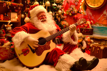Santa Claus plays the guitar in a cozy setting, capturing the joy, humor, and warmth of the Christmas holiday