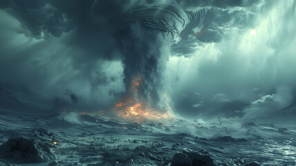 Twisting tempest: tornado cataclysm, a whirlwind of destruction and chaos. - obrazy, fototapety, plakaty