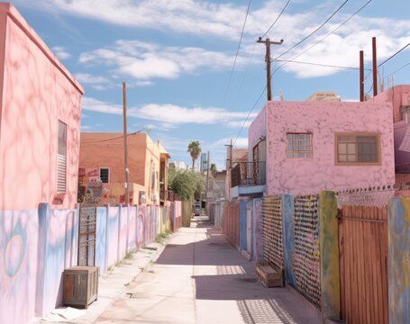 Outdoor color photo of an alleyway between stucco houses painted in pastel colors in a tropical city on a bright sunny day. From the series “Tropicana."